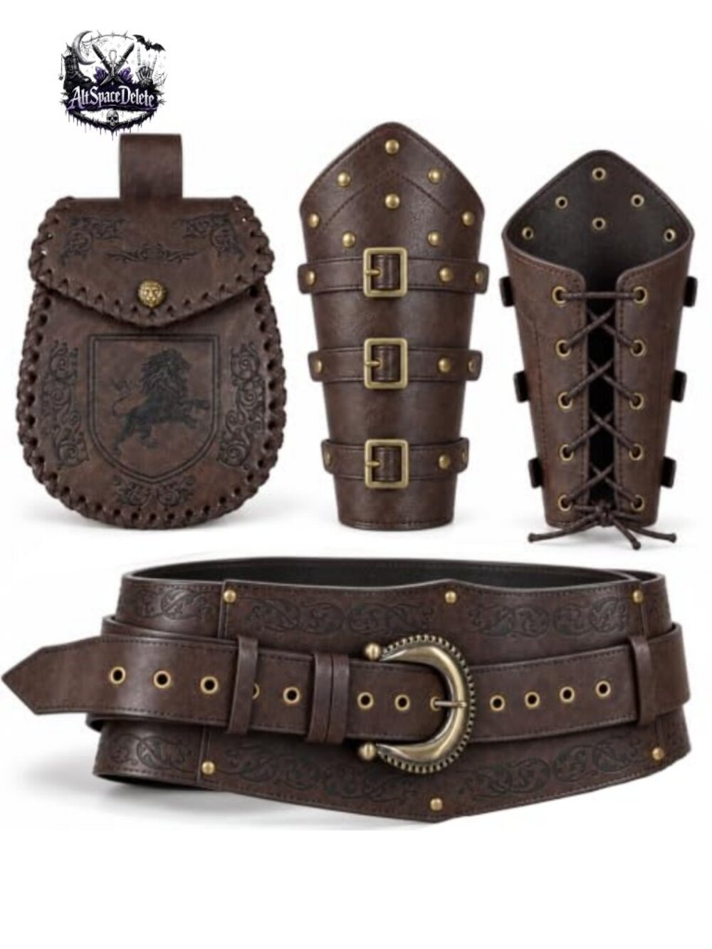 Renaissance Costume Set Hooded Surcoat Belt Bracers Pouch Medieval